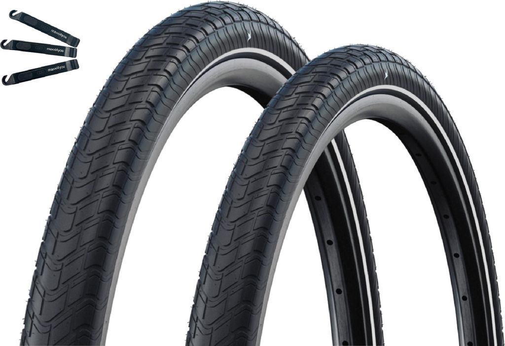 2 x Schwalbe Fahrradreifen Motion Big Apple RaceGuard ADDIX Green E-25 Schwarz-Reflex 50-254 (14 x 2.00) inkl. maxxi4you Reifenheber