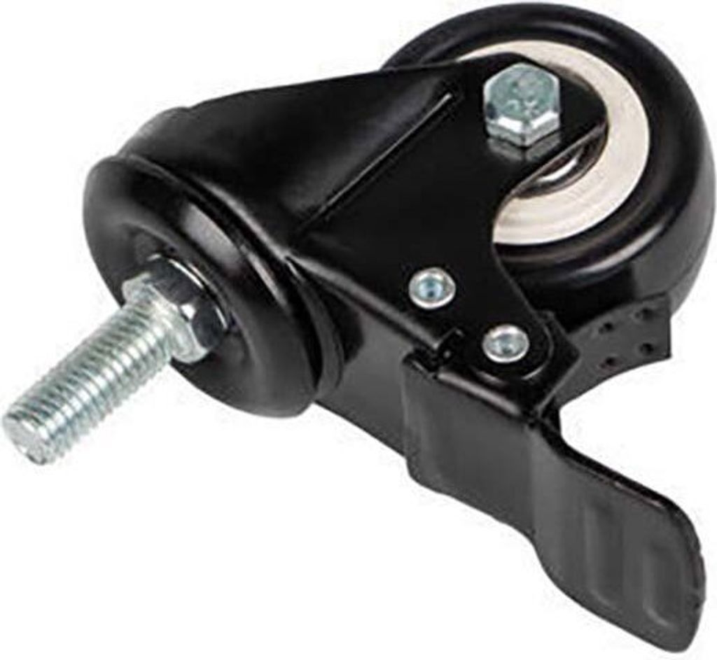 A black caster wheel with a threaded bolt and a brake lever, isolated on a white background.