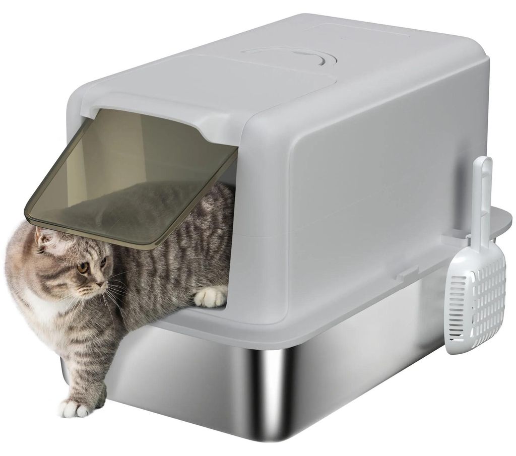 Katzentoilette / Katzenklo - Edelstahl Katzenstreubox mit Deckel - Integrierte Schaufel - Leicht zu reinigen - Grau