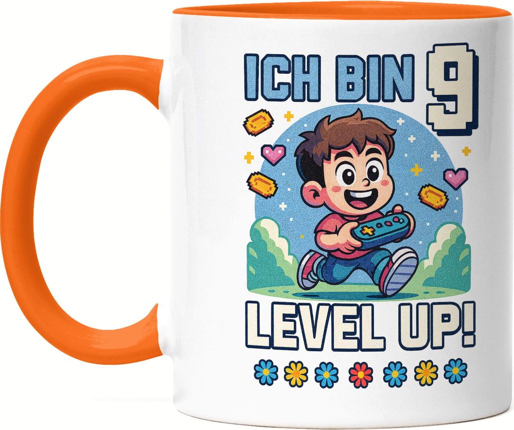 Ich bin 9 Level Up Tasse Orange Geschenkidee Kindergeburtstag Gamer Junge Mädchen 9 Jahre