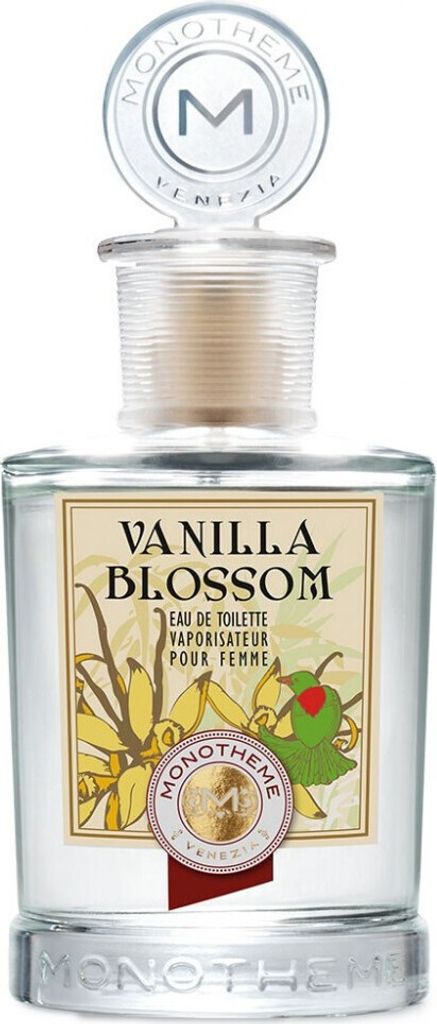 A clear, professional studio shot of a bottle of Monotheme Vanilla Blossom Eau de Toilette.