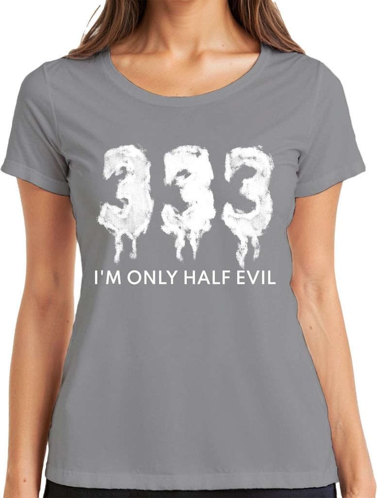 I'm Only Half Evil Halloween Spruch Lustig Gruselig Teufel Gothic Damen T-Shirt, Grau, XXL