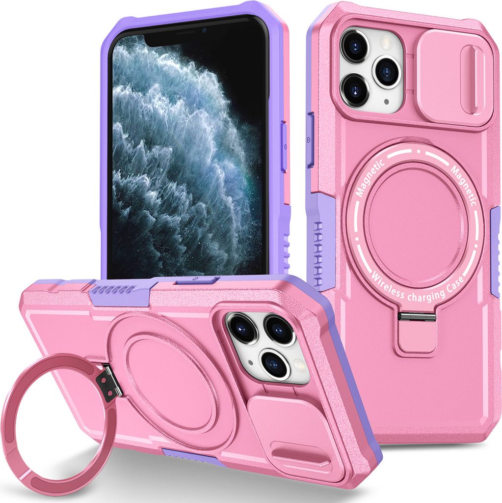 Handyhülle für iPhone 11 Pro Kompatibel mit MagSafe, Robuste Hülle mit Schiebe Kamera Schutz, Magnetischer Ringständer Pink