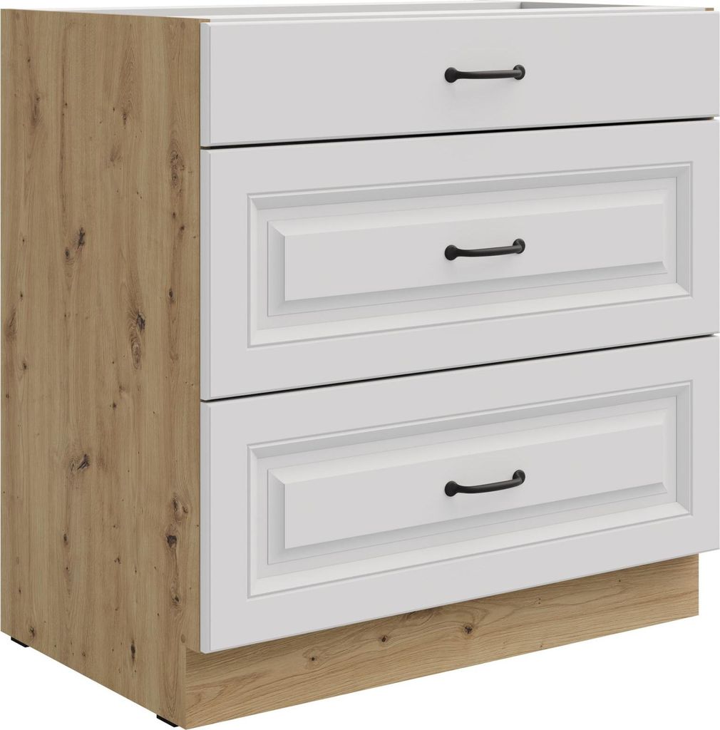 Küchen Unterschrank 80 cm Stilo Weiß + Eiche Artisan Vollauszug Soft-Close Küche