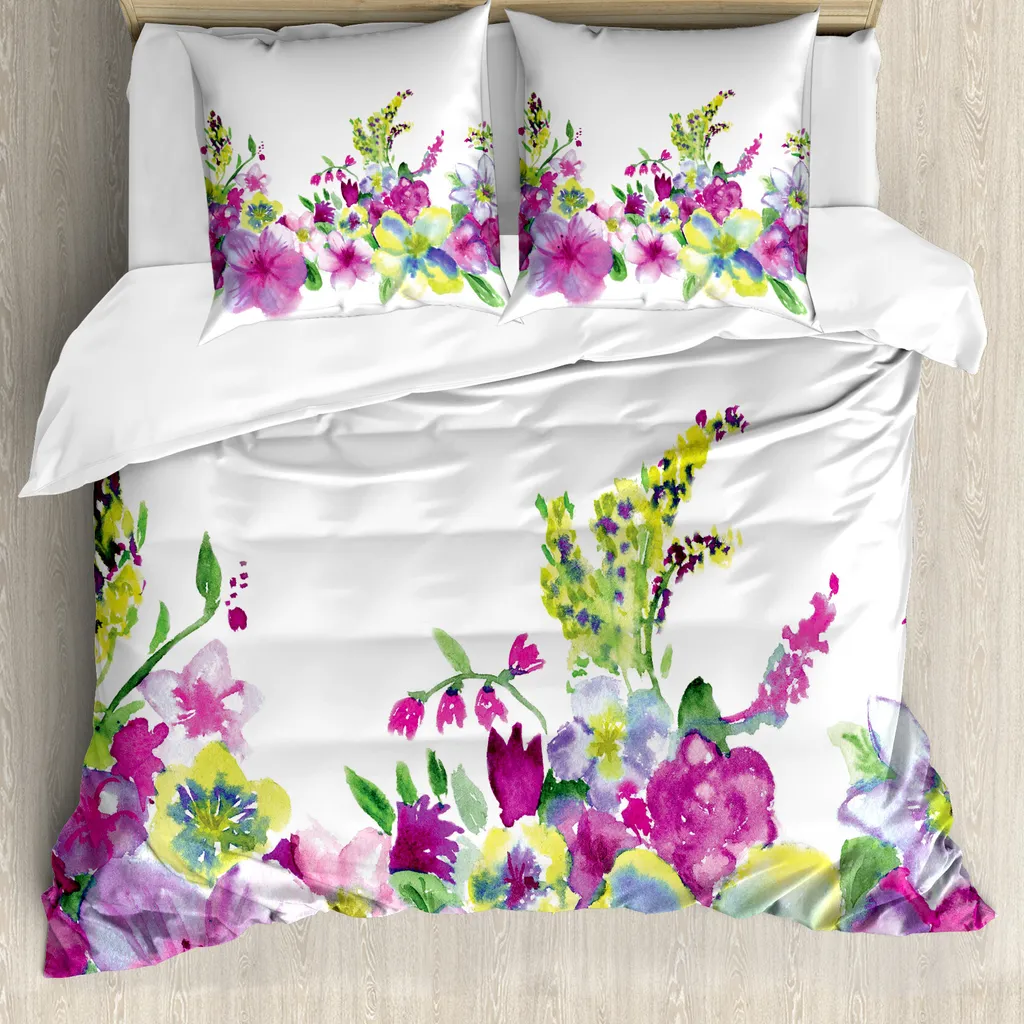 ABAKUHAUS Copripiumino Fiori Acquerellati 155x220 - Anti-acaro Rosa