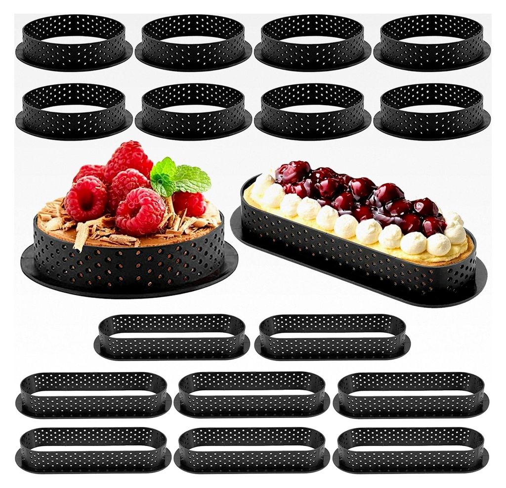 16 Stück Dessertringe, perforierte Kuchenformen, oval und rund, Tartelette-Förmchen mit Lüftungslöchern, antihaftbeschichtete Tortlettförmchen...