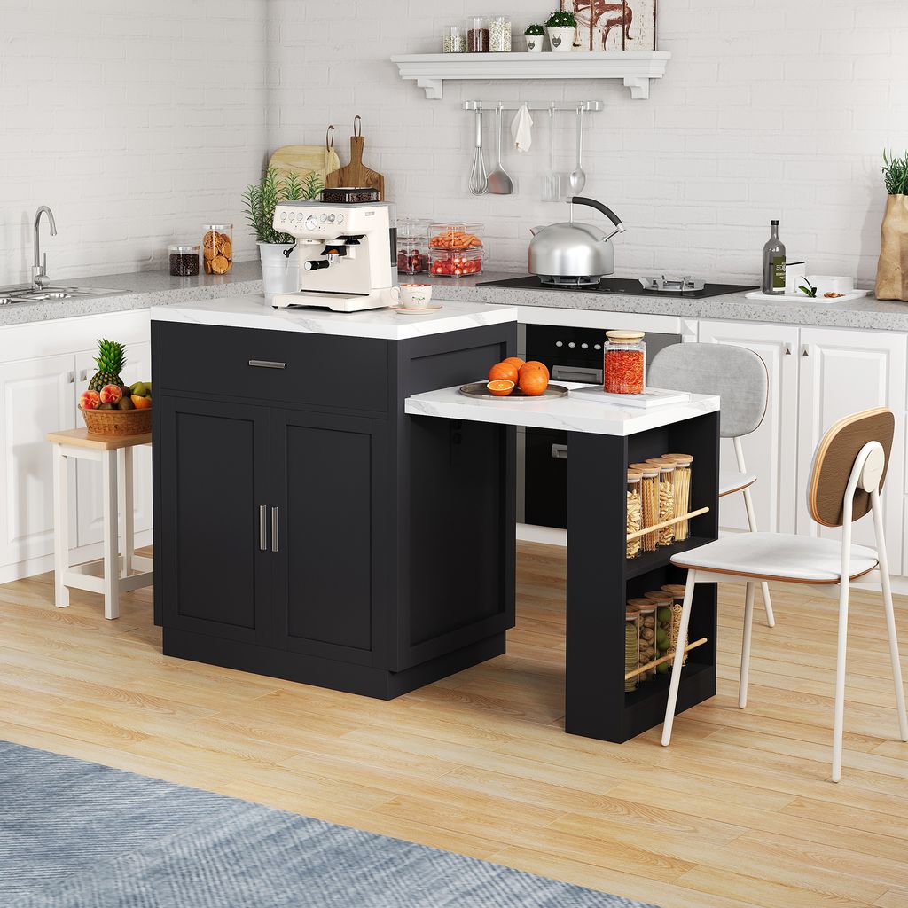 MODFU Sideboard,Kommode,Kücheninsel mit ausziehbarem Esstisch , Steckdose, Küchenschränke mit 2 Schubladen& 2 seitlich offene Regale,Schwarz