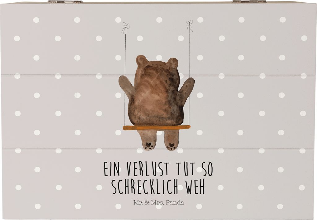Mr. & Mrs. Panda Holzbox Bär Schaukel 22 x 15 cm - Grau Pastell - Geschenk, Holztruhe, holzkästchen, Schatzkiste, schatztruhe, Holzkiste, Teddy