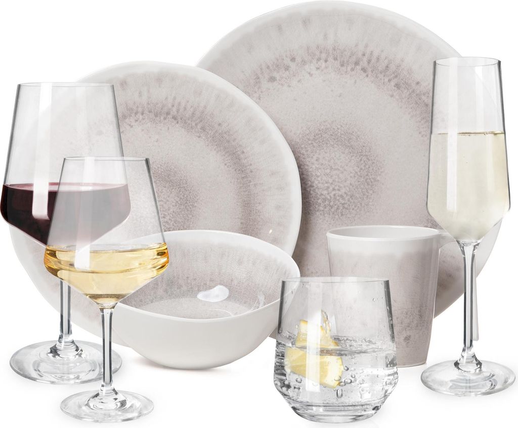 Melamin Camping Geschirr Set 4 Personen Amboss Design 16 Teilig + 16 Milano Gläser Wassergläser Weingläser Champagner-Gläser Flûtes Tafelgesch...