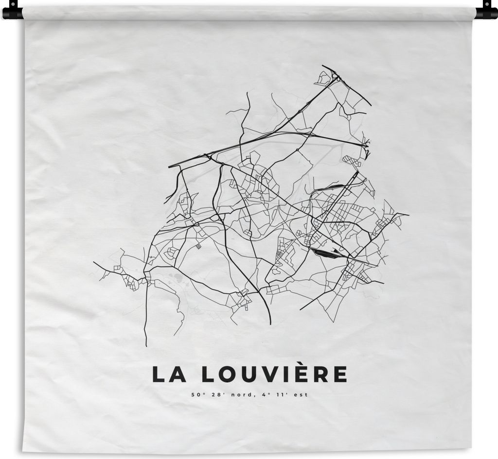 MuchoWow Wandteppich Wandbehang Karte - Belgien - La Louvière - Schwarz und weiß - Stadtplan 150x150 cm Tapisserie Dekoration Wandtuch - Wohnac...