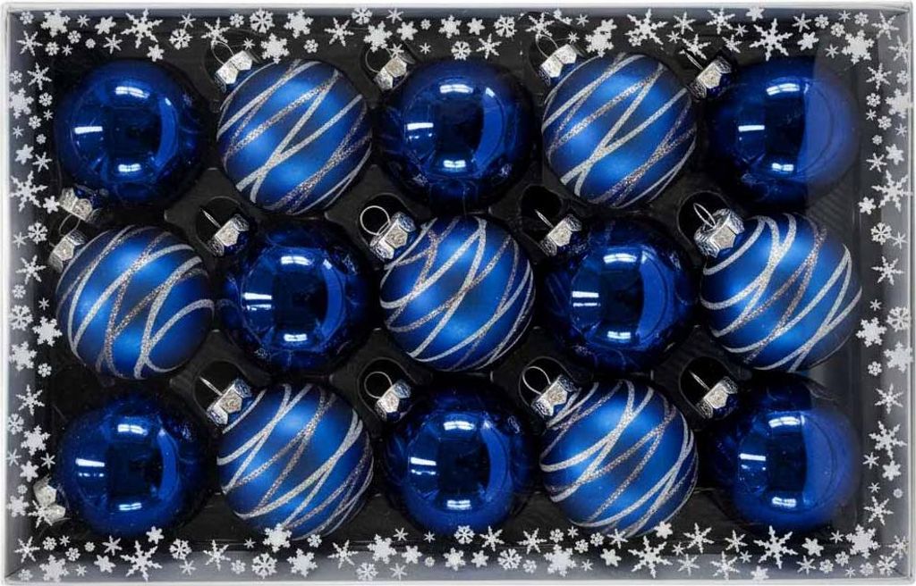 A box of 15 midnight blue Christmas ornaments with silver stripes.