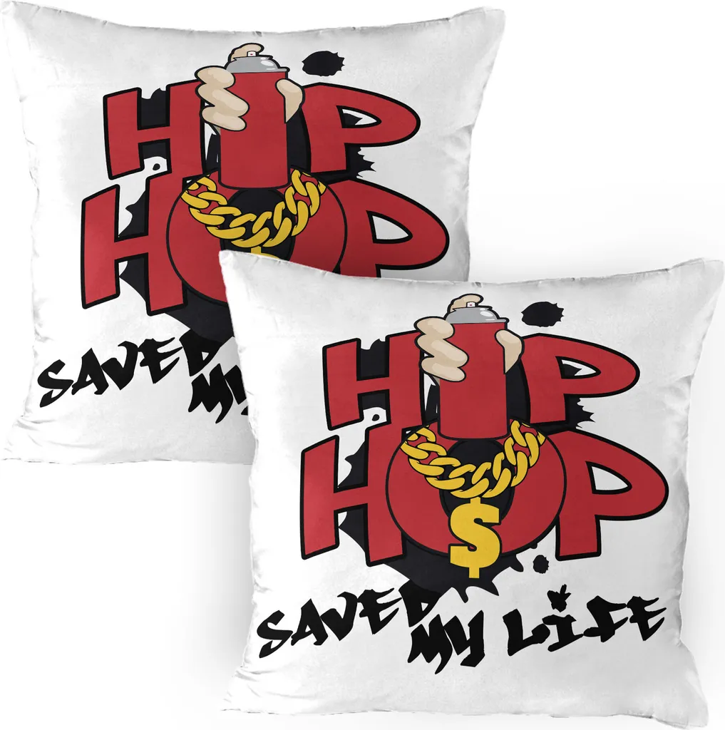 ABAKUHAUS Fodera per cuscino HipHop Confezione da 2, Hip Hop mi ha salvato la vita Frase in stile graffiti con immagine di catena spray, Fodera per cuscino decorativa stampata, 80x80 cm, Vermilion Nero Giallo