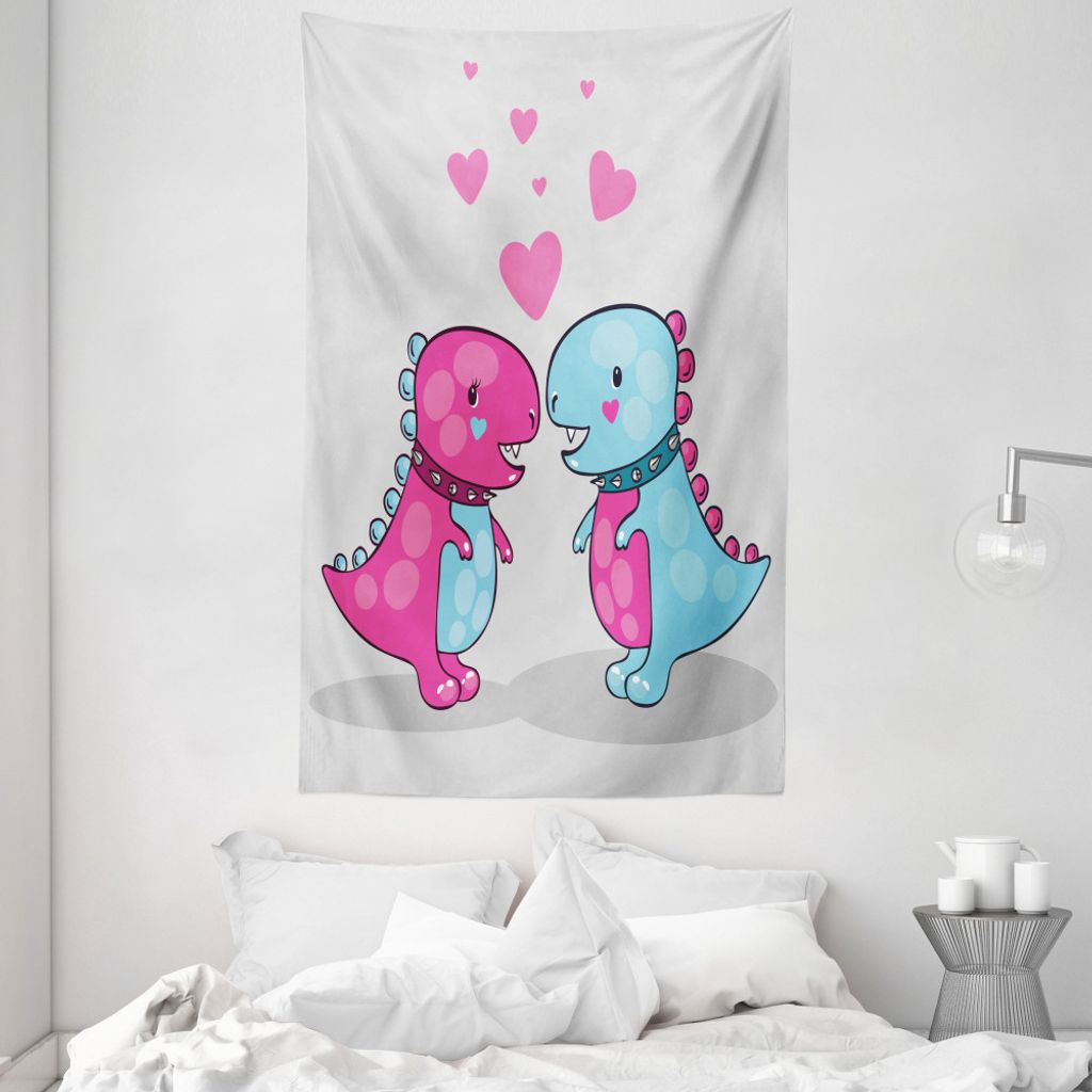 ABAKUHAUS Dinosaurier Wandteppich und Tagesdecke, Liebhaber Paar Herzen aus Weiches Mikrofaser Stoff Waschbar ohne Verblassen Digitaldruck, 140 x 2...