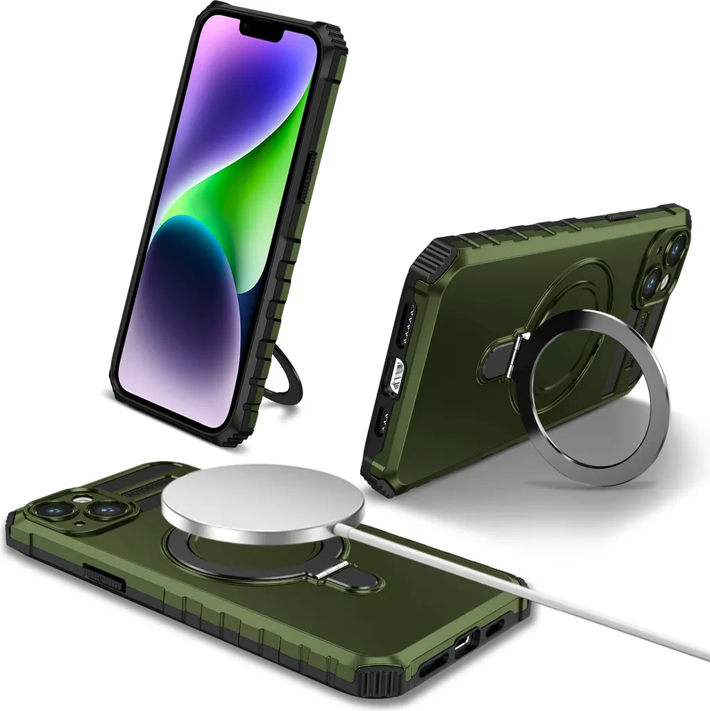Custodia per iPhone 14 Plus magnetica con MagSafe, supporto per anello, supporto, custodia protettiva a doppio strato verde