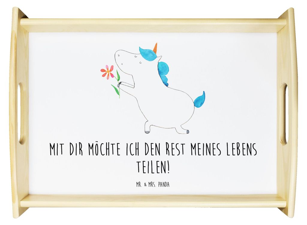Mr. & Mrs. Panda Tablett Einhorn Blume - Weiß - Geschenk, Liebe, Bett-Tablett, Unicorn, Serviertablett, Heiratsantrag, Holztablett, Einhörner, Fr...