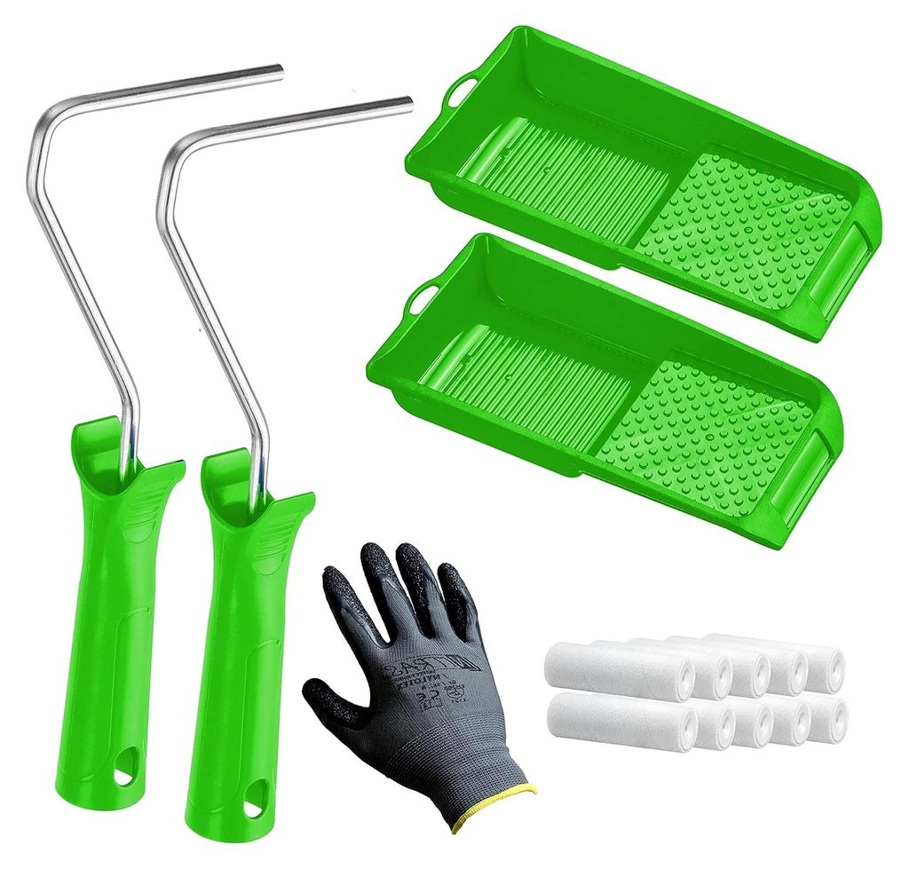 Lackier Set / Farbroller: 2 Farbrollen, 2 Farbwannen, 10 Filt-Walzen, 1 Paar Handschuhe - Lösemittelbeständig und Hochwertig - Geeignet für Farb...