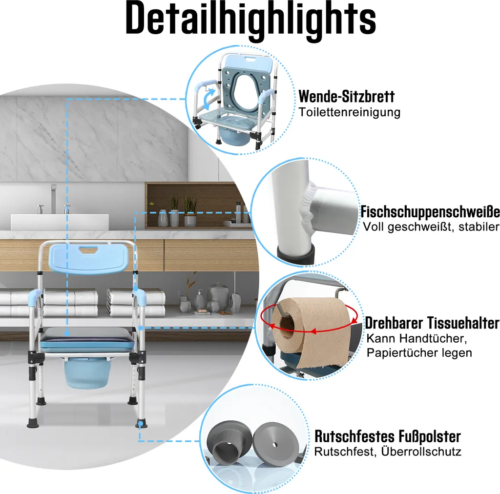 Chaise Percée Médicale avec Accoudoirs et Siège de Douche Antidérapant