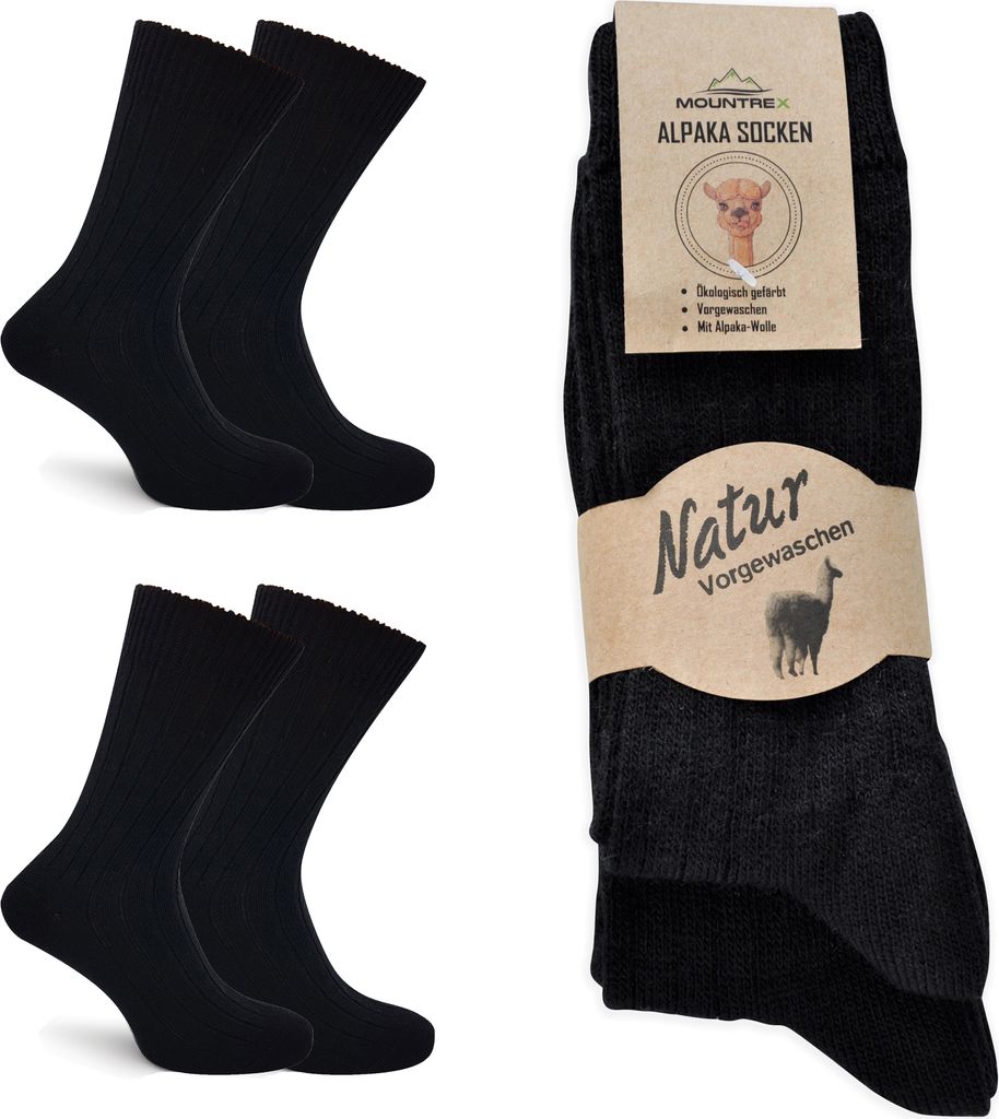 MOUNTREX Alpaka Socken, Wollsocken für Damen, Herren - Wintersocken, Warme Kuschelsocken - 2 Paar, Schwarz (Dünn), 35-38