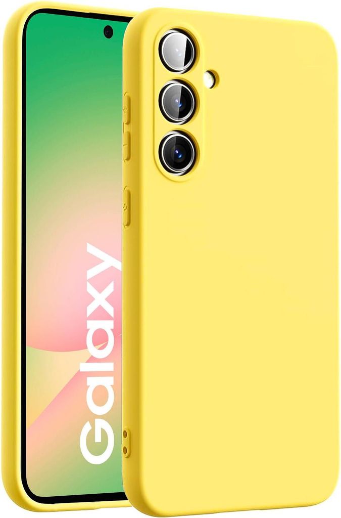 A yellow phone case is shown next to a smartphone.