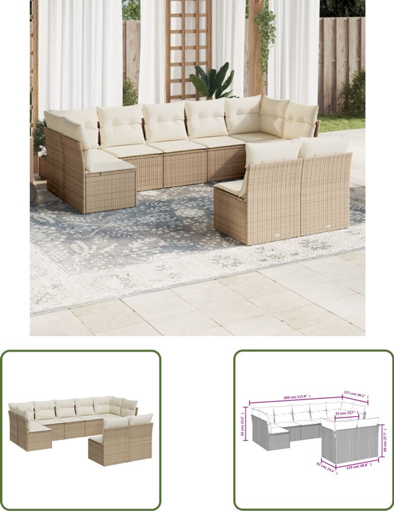 The Living Store 9-tlg. Garten-Sofagarnitur mit Kissen Beige Poly Rattan