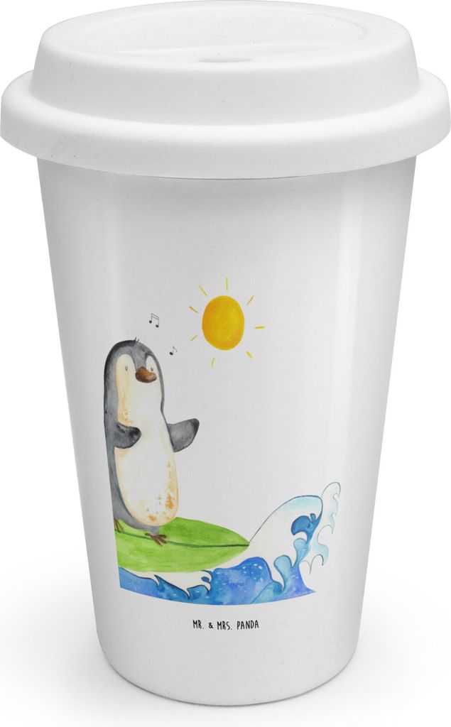 Mr. & Mrs. Panda ToGo Kaffeebecher Pinguin Surfer - Weiß - Geschenk, Thermobecher, To Go, Urlaub, Hawaii, Portugal, Motiviert, Becher, Optimistisc...