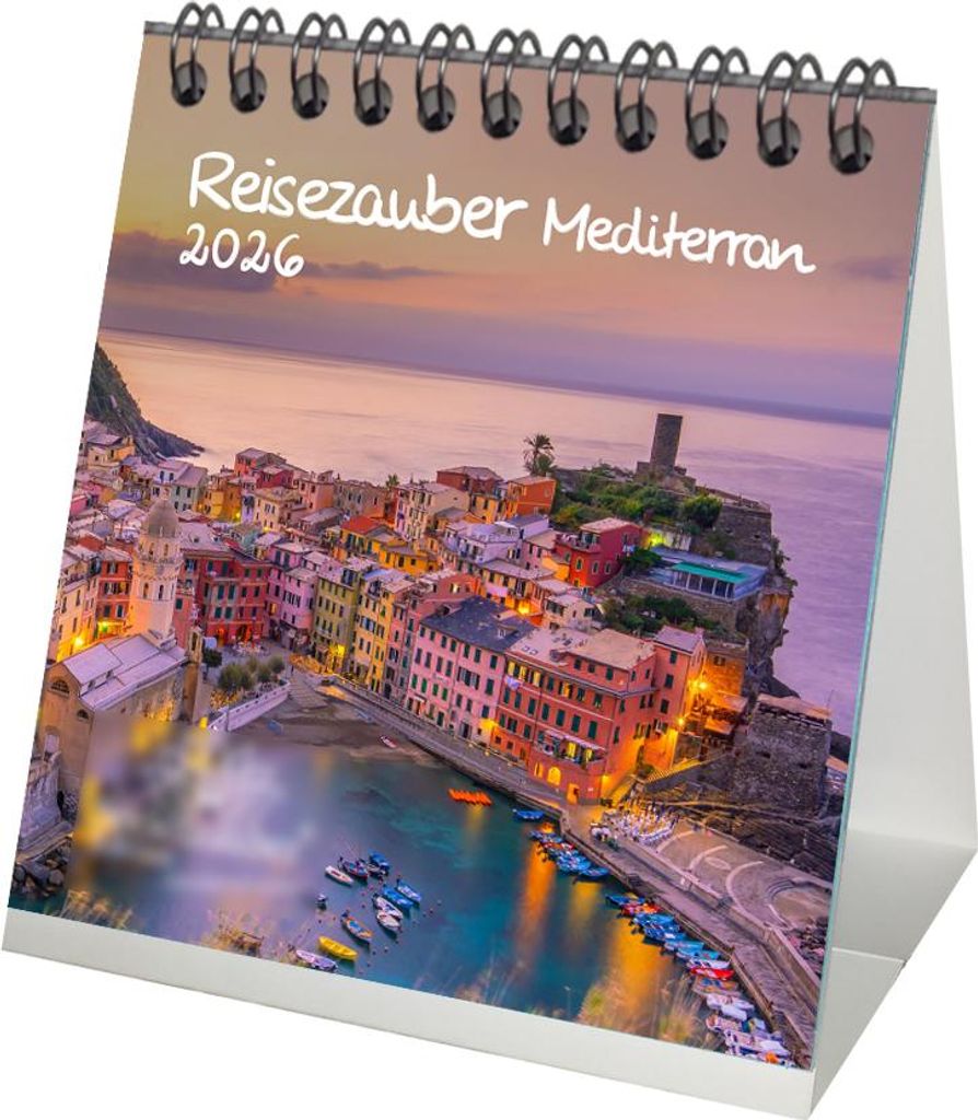 Reisezauber Mediterran Tischkalender 10cm x 10cm für 2026 Mittelmeer Land - Set-Inhalt: 1x Kalender 1x Weihnachtsanhänger 1x Grußanhänger (gesa...