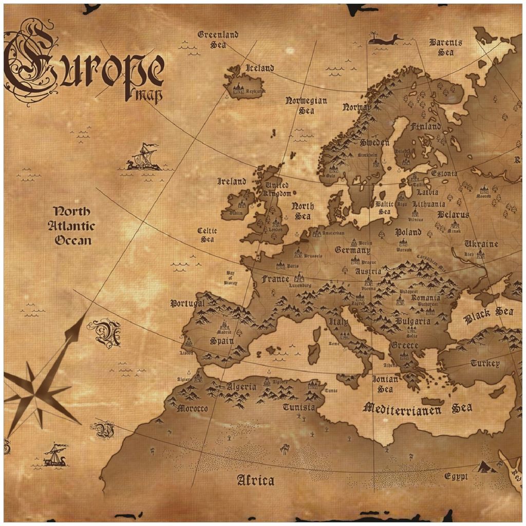 Wallario Memoboard Magnettafel aus Glas, Größe 50 x 50 cm, Motiv Alte Weltkarte Karte von Europa in englisch