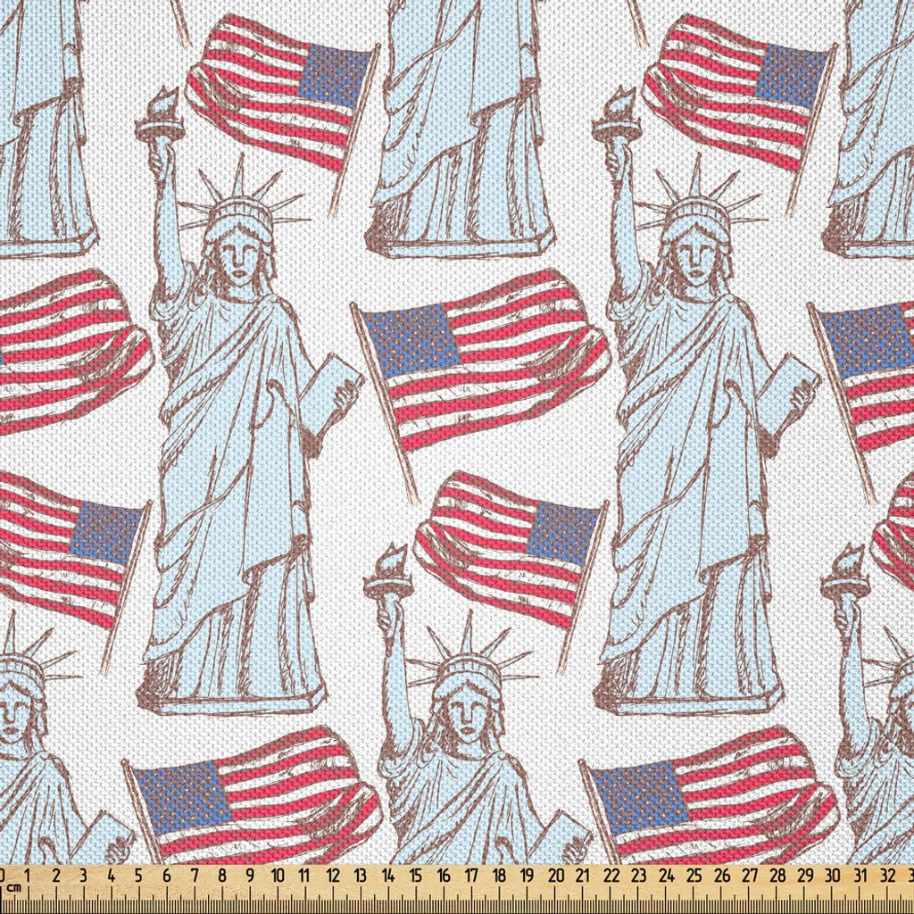 ABAKUHAUS 4. Juli Satin Stoff als Meterware, Skizzieren Sie Freiheitsstatue und Flaggensymbole vom Führer der Freien Welt, 3 M (148 x 300 cm), Bla...