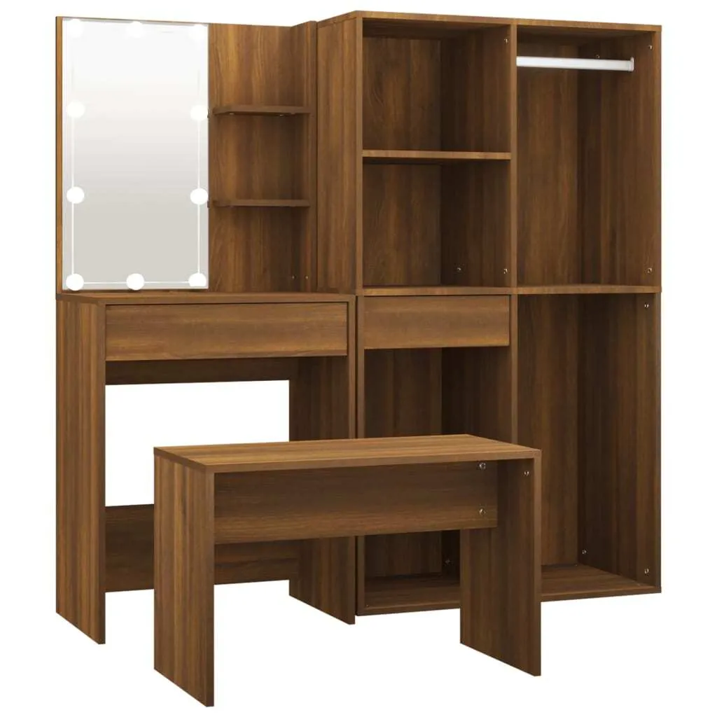 Table de Maquillage LED Chêne Marron avec Miroir et Rangements