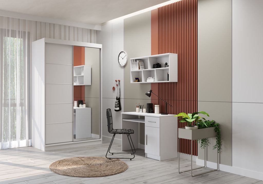 Jugendzimmer Komplett – Set 3-teilig Schrank Schreibtisch Wandregal Weiß/Weiß TOBBY 05