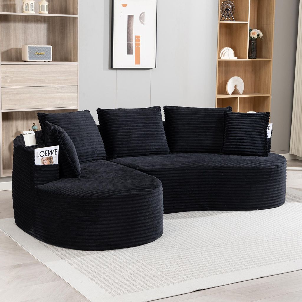 okwish Ecksofa Schlafsofa mit Becherhalter und Stautasche Wohnzimmersofa Loungesofa mit Kissen Dreisitzer Bogesofa aus Cord Für Wohnzimmer Schwarz