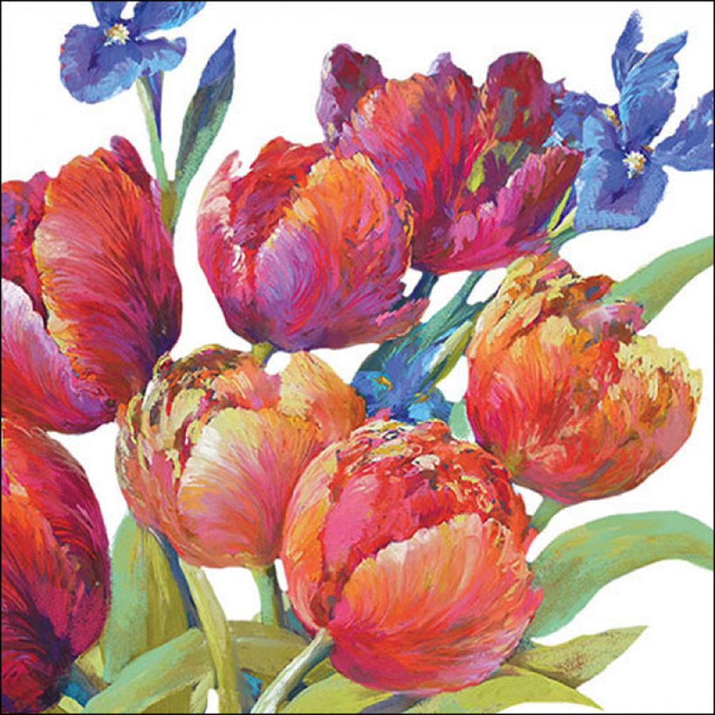 Servietten Papier 33x33cm 3-lag. mit Tulpen & Blumen Malstil 20 Stück