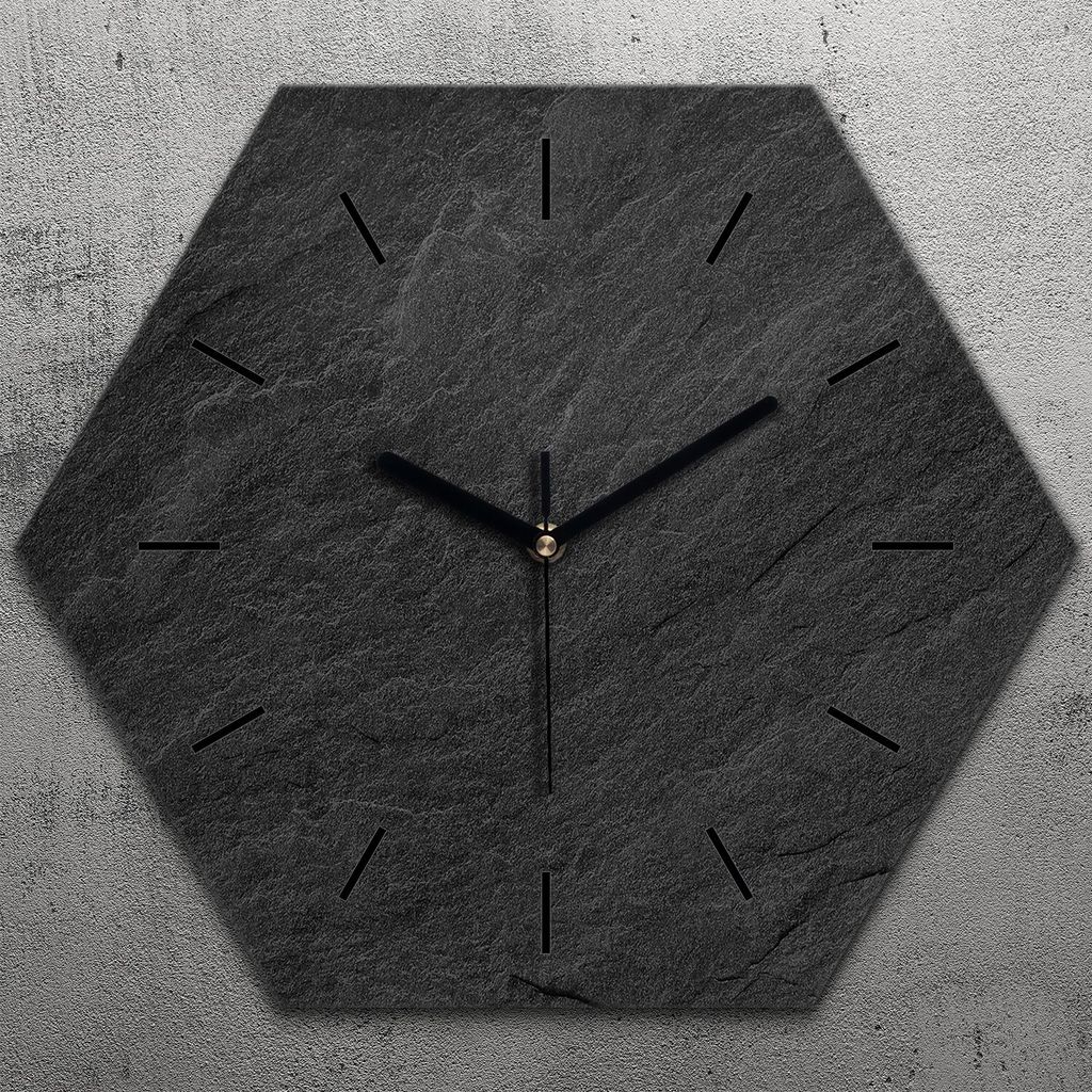 Uhr hexagonal 40 cm Glas Geräuschlos schwarze Zeiger - schwarze Stein