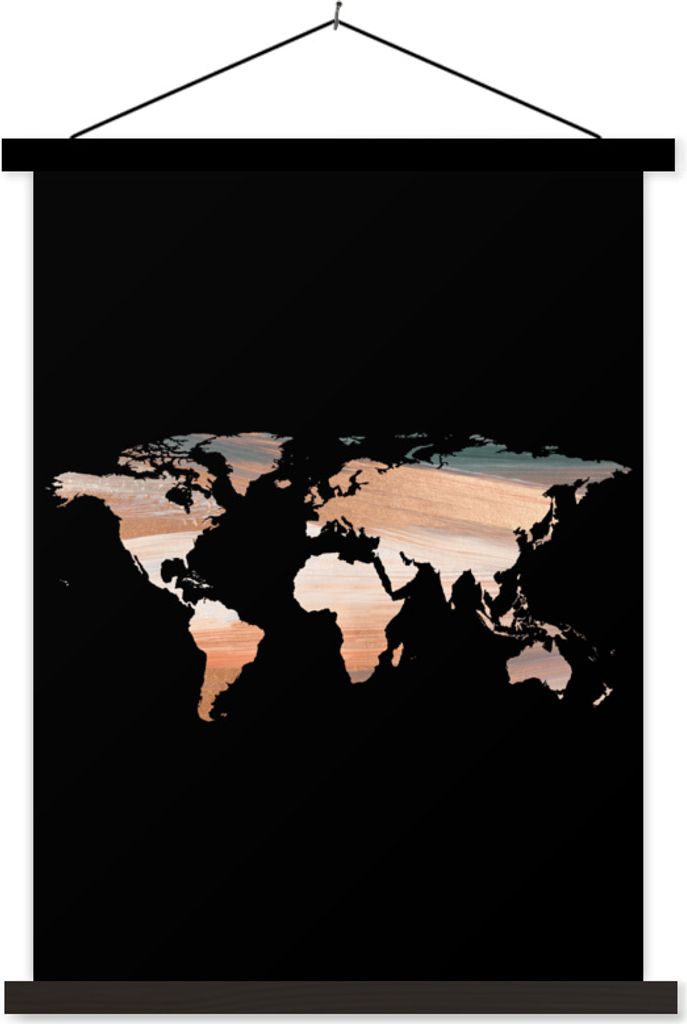 MuchoWow Textilposter Weltkarte - Farben - Schwarz 40x53 cm mit schwarzem Rahmen - Abbildung