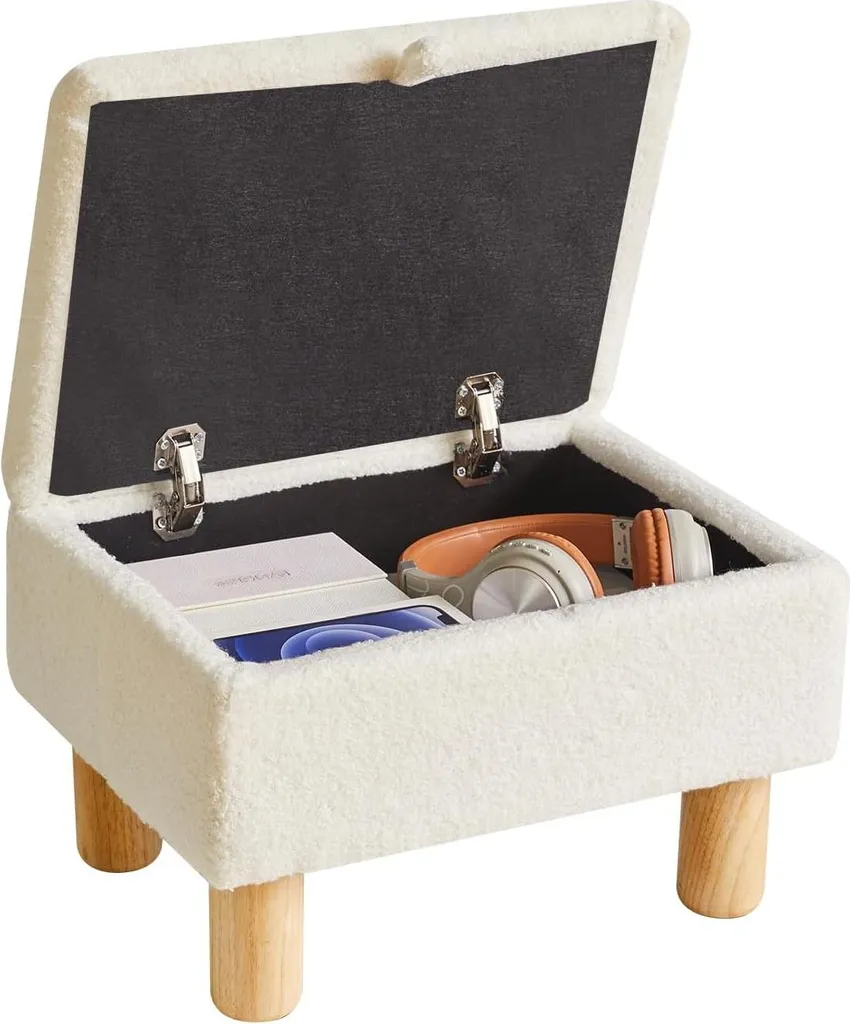 Petit pouf de rangement pour salon en fourrure blanche effet d'ourson