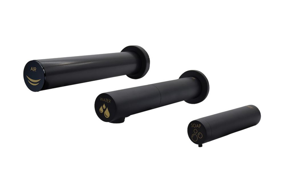 All-in-One Wasserhahn + Seifenspender & Händetrockner mit Sensor zur Wandmontage, Farbe:Matt-Schwarz