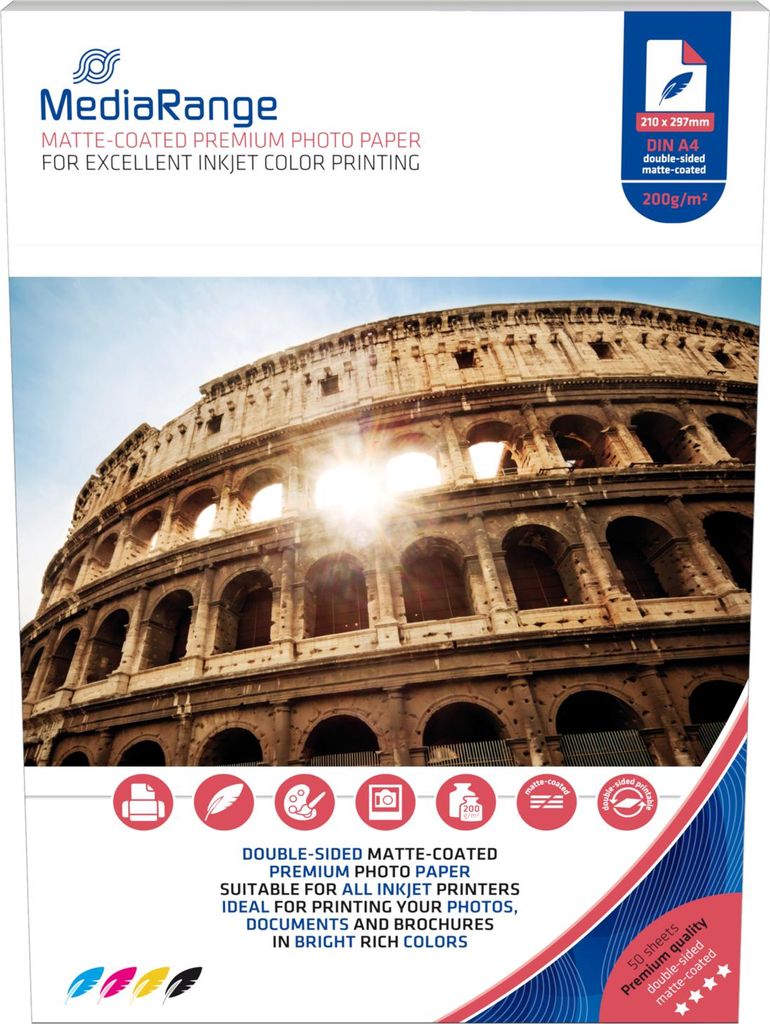 A product package for matte-coated premium photo paper with an image of the Colosseum.