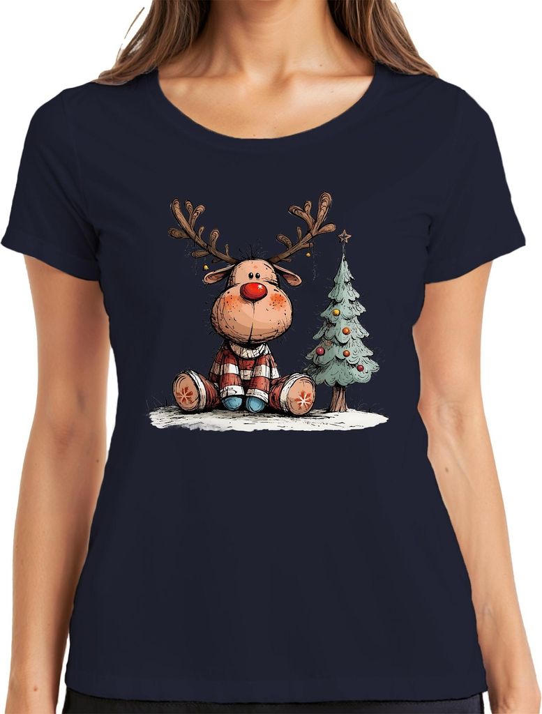 Rudolf Rentier Rote Nase Weihnachten Baum Kinder Geschenk Retro Damen T-Shirt, Navy, L