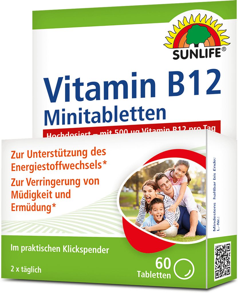 SUNLIFE® Vitamin B12 Minitabletten hochdosiert Nervensystem Herz Gehirnfunktion + Aminosäuren & Vitamin B1 B2 B6