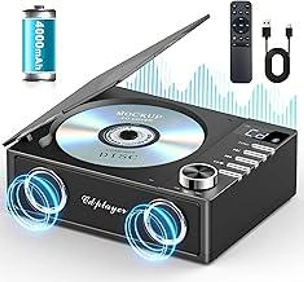 Greadio Lettore CD portatile con Bluetooth 5.3, lettore CD ricaricabile da 4000 mAh con telecomando, altoparlante audio Hi-Fi, supporta USB, TF, AUX, display LED per casa/auto/regalo