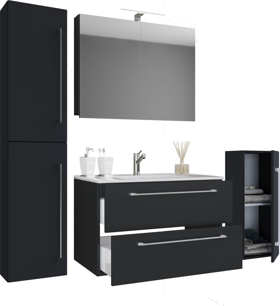 Badinos Badmöbel-Sets A 80 cm, Spiegelschrank Schwarz.