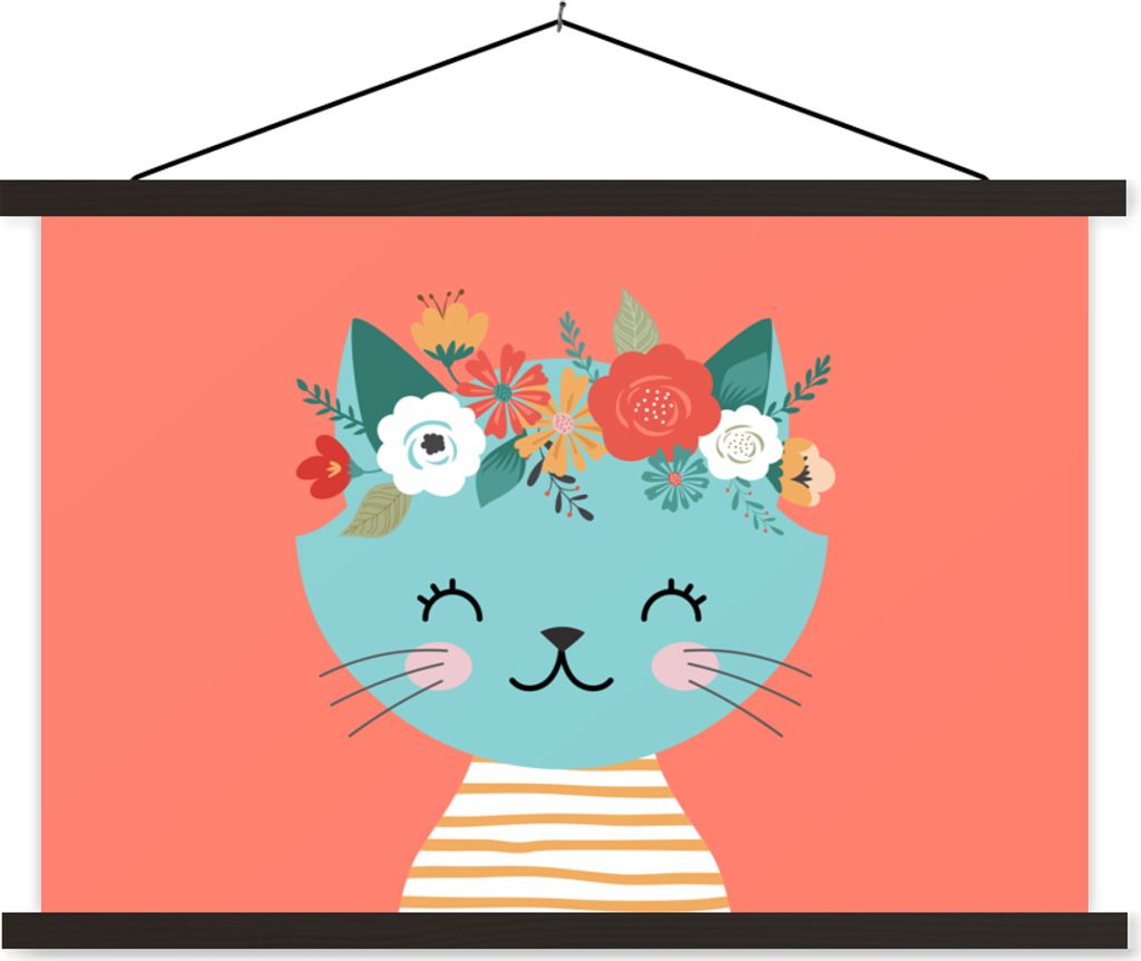 MuchoWow Textilposter Katze - Blumen - Rosa 120x80 cm mit schwarzem Rahmen - Wanddeko