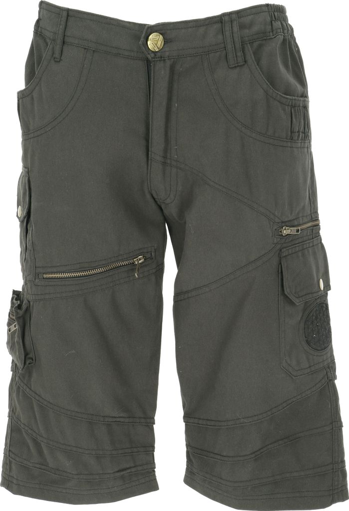 Goa Festival Hose, Goa Shorts mit Vielen Taschen, Cargo Shorts - Dunkelgrün, Herren, Baumwolle, Größe: S