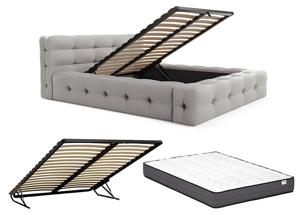 Steppbett 160 x 200 cm - Melange Stoff - Hellgrau + Matratze - LERUCO by Pascal Morabito