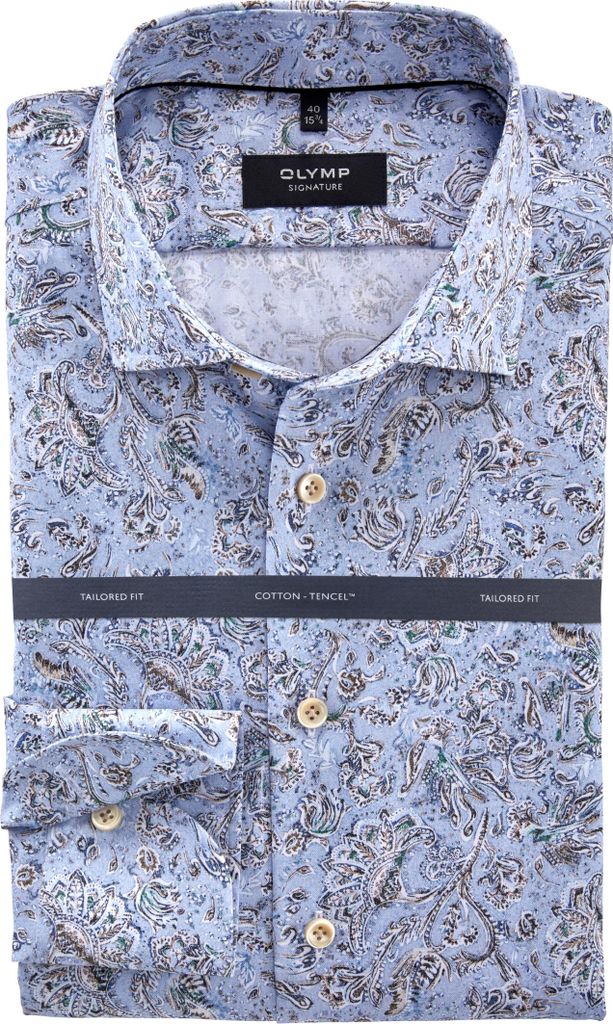 Olymp SIGNATURE Hemd blau Größe 39 Kent-Kragen Allover-Paisley glatter Twill