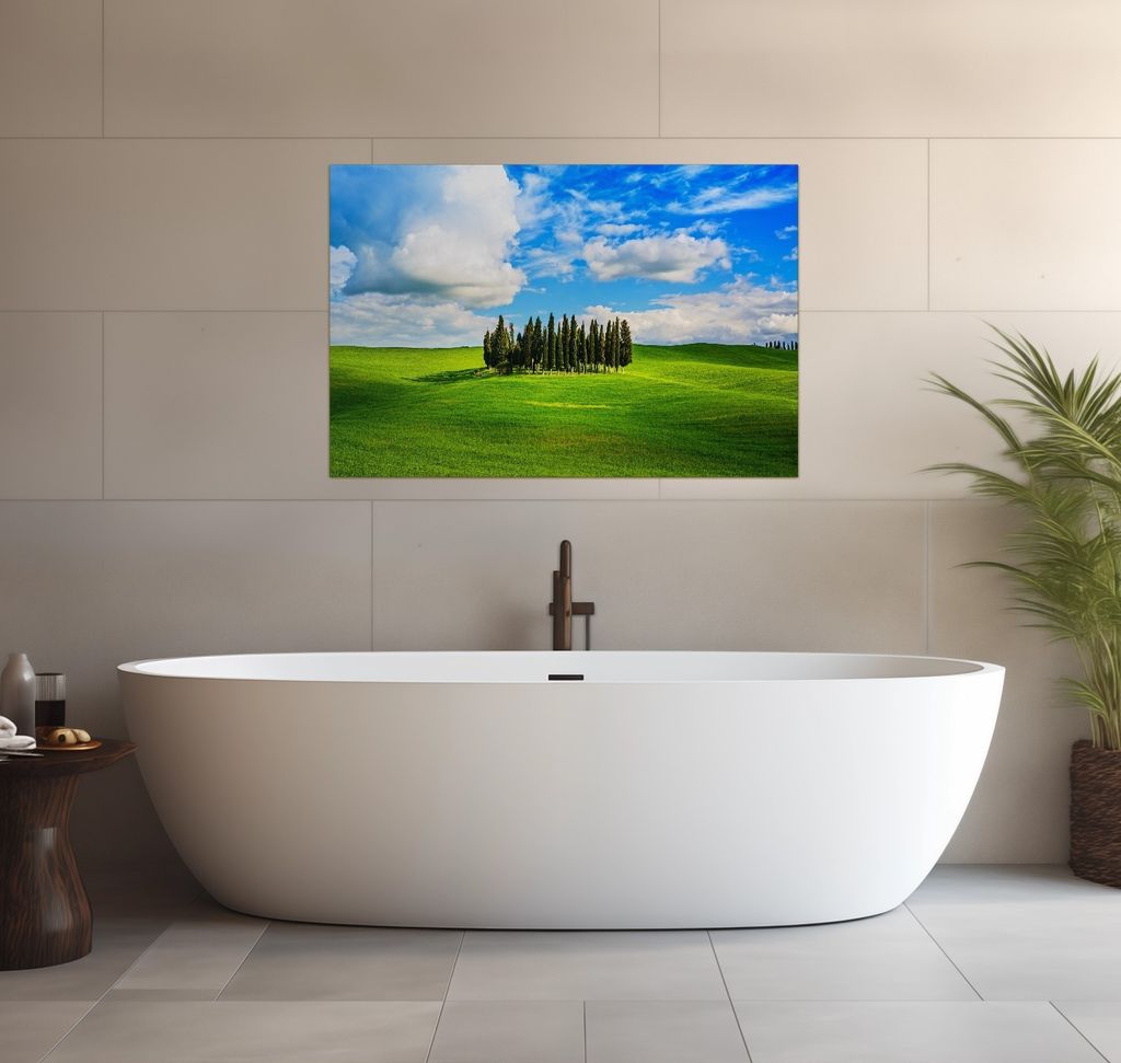 Wallario wasserfestes Poster selbstklebend 91,50 x 61 cm, Kleiner Wald inmitten einer weiten Wiese, Badezimmerposter Spritzschutz mit Hochglanzober...