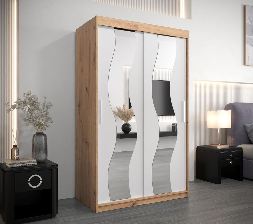 Kleiderschrank mit Spiegeln MARGIT – Breite 120 cm, Eiche handwerklich/weiß