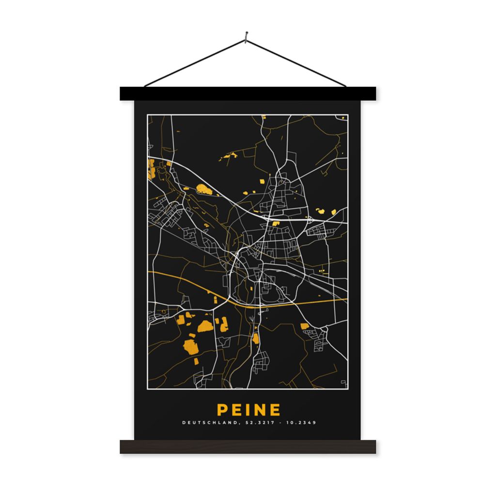 MuchoWow Textilposter Peine - Stadtplan - Schwarz und Gold - Karte - Deutschland - Karte 120x180 cm mit schwarzem Rahmen - Fotos