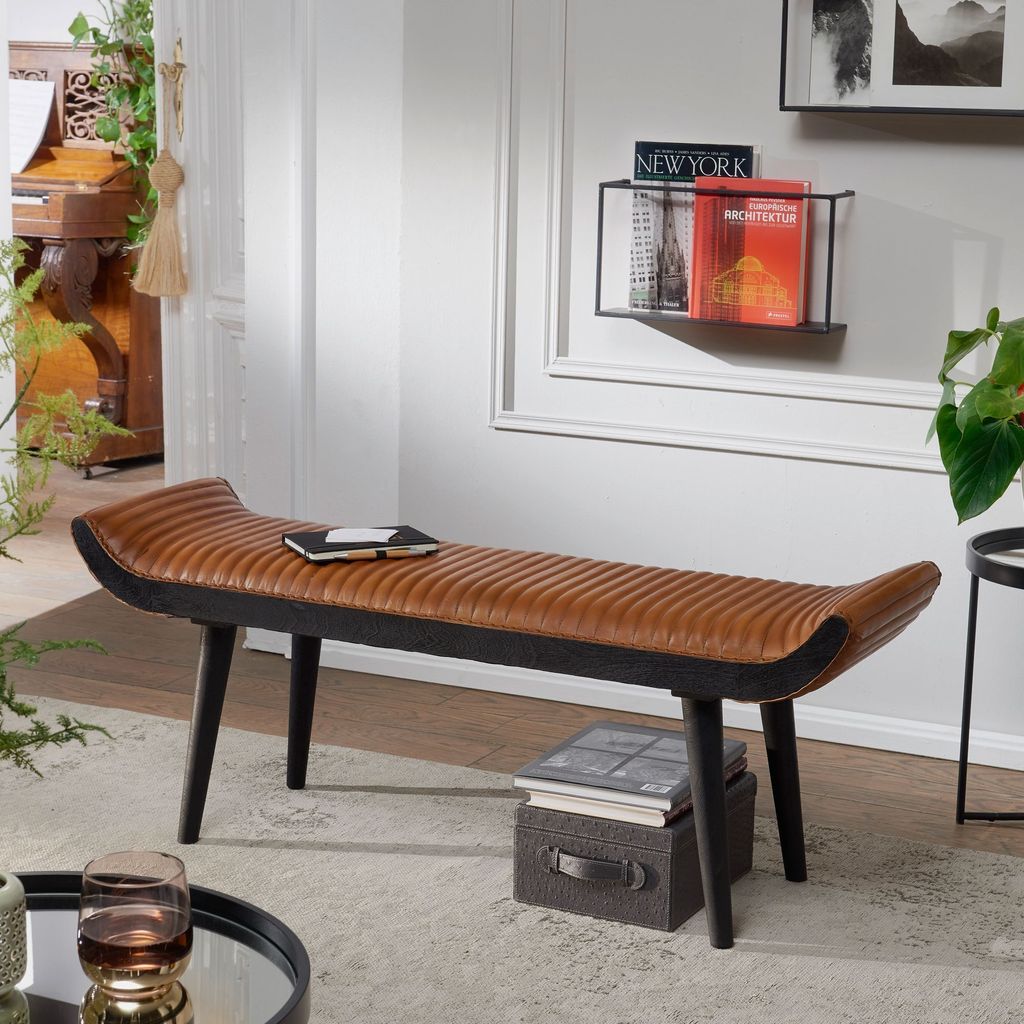 FineBuy – tapicerowana ławka 125 cm z litego drewna i Zdjęcie produktu 