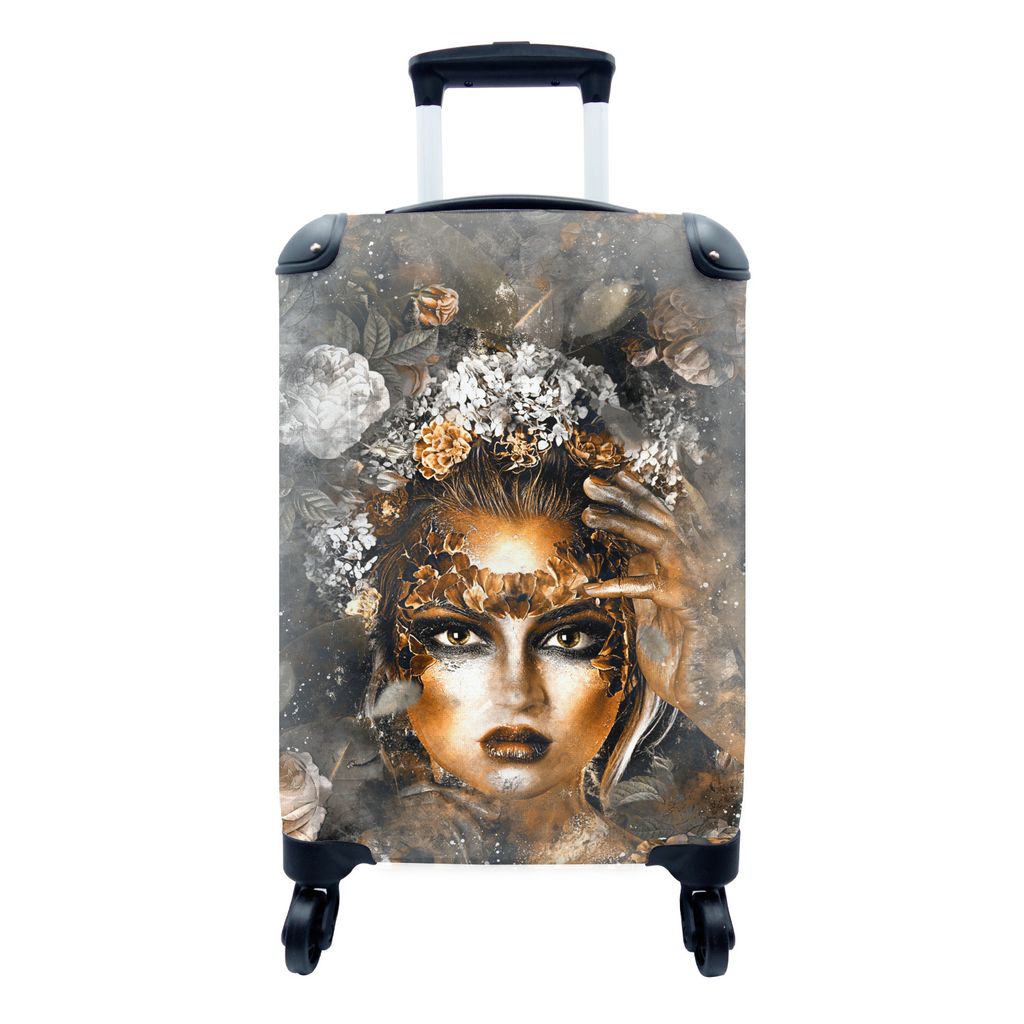 MuchoWow Koffer Handgepäck Trolley Rollkoffer Kleine Reisekoffer mit 4 Rollen - Frauen - Blumen - Gold - Cabin Size < 55x40x23 cm & 55x40x20 cm ...
